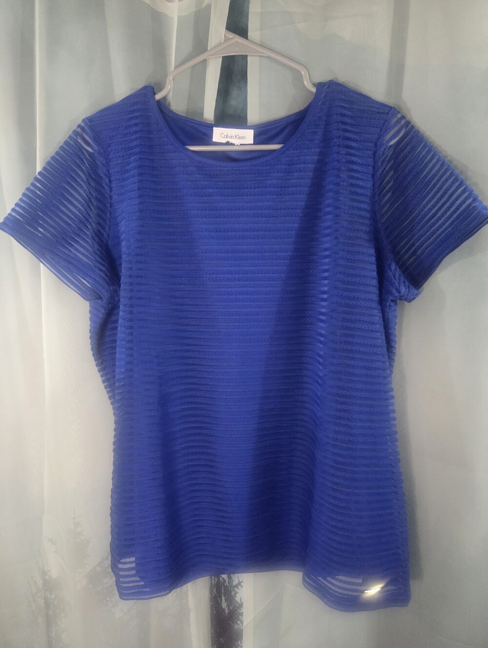 Calvin Klein Royal Blue Sheer Stripe Short Sleeve Top